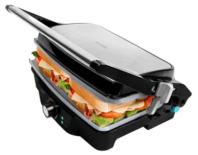 Produktbild von Elektrogrill, Grillplatte und Sandwich-Grill mit Keramikbeschichtung und Fettabscheider mit 1500 Watt Leistung.