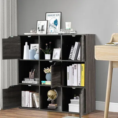 Produktbild von 9-Fächer Stauraum Organizer Regal mit Türen freistehendes Holz Bücherregal-Grau