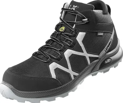A single black and silver work boot is shown from a diagonal angle against a white background.