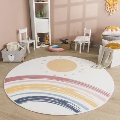 Produktbild von TT Home Babyzimmer Teppich Rund Kinderzimmer Waschbar Regenbogen Sonne Größe 100 cm Rund