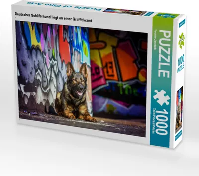Produktbild von CALVENDO Puzzle Deutscher Schäferhund liegt an einer Graffitiwand | 1000 Teile Lege-Größe 64x48cm Foto-Puzzle für glückliche Stunden