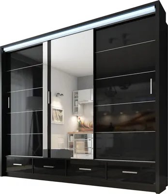 A modern, black sliding door wardrobe with a mirrored center panel and integrated LED lighting.