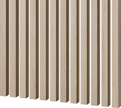 A close-up view of vertical wooden slats arranged side-by-side, creating a textured wall paneling effect.