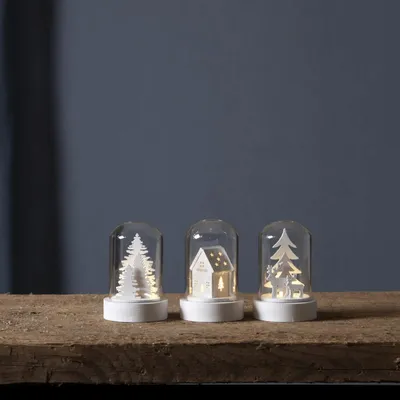 Produktbild von LED Deko im Glas  - 3er Set - Baum, Haus, Rentiere - Holzdekoration weiß - warmweiße LED - H: 8,5cm
