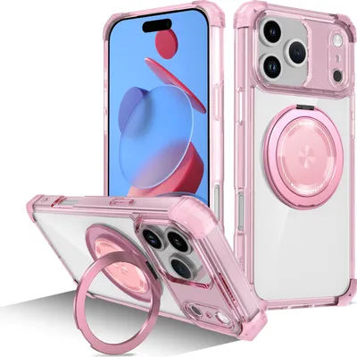 Produktbild von Handyhülle für iPhone 17 Pro Max Magnetisches Ringhalter Ständer Kompatibel mit Magsafe Militärschutz Transparente Hülle Pink