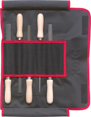 Produktbild von F. DICK Feilen- Raspelsatz 5-teilig inkl. Rolltasche, Feilen Raspel mit Holzgiff