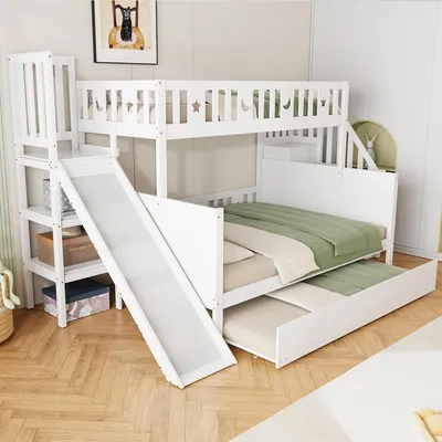 Produktbild von Merax Etagenbett 90x200/140x200cm aus Massivholz, Kinderbett mit Rutsche und Regal, Ausziehbett mit Sicherheitsleiter und Lattenrost, Weiß