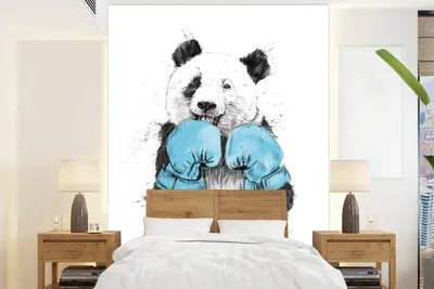 Produktbild von MuchoWow® Fototapete für Wohnzimmer oder Schlafzimmer Wandtapete Vinyl Motivtapete Panda - Boxhandschuh - Blau - 205x280 cm - Wandbild