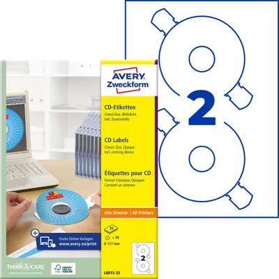 Produktbild von Avery Zweckform L6015-25, CD-Etiketten ClassicSize, A4, ? 117 mm, 50 Etiketten / 25 Bögen, weiß