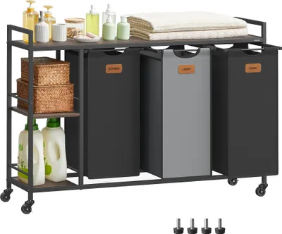 Produktbild von VASAGLE Wäschekorb 3 Fächer,Wäschesammler 150 L, Rollen, Wäschewagen mit Ablagen