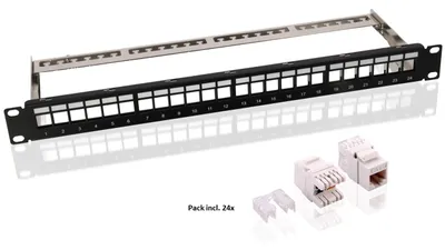 Produktbild von Goobay 19-Zoll (48,3 cm) Keystone Patch Panel Leergehäuse Set (1 HE), inklusive 24x CAT 6 UTP Module