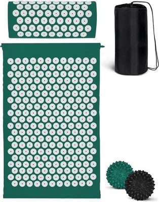 Produktbild von Famanu Akupressurmatte mit Kissen und Triggerpunkt-Massagebällen - Entspannung und Schmerzlinderung - Grüne Massageunterlage