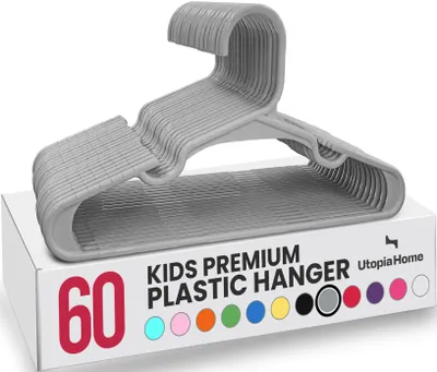 Produktbild von Utopia Home Packung mit 60 Kinderkleiderbügeln - 11,5“ Baby- und Kinderkleiderbügel aus Kunststoff für den Kleiderschrank, ideal für den täglichen Gebrauch, Grau