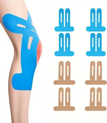 Produktbild von Kinesiologie-Tape Kniebanden, vorgeformt, wasserfest, elastisch, 8 Stück (4 blau, 4 hautfarben), für