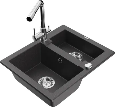 Produktbild von Mexen Carlos 1,5-Becken-Granitspüle mit Mischbatterie Duero, Schwarz gesprenkelt - 6518-76-671600-00
