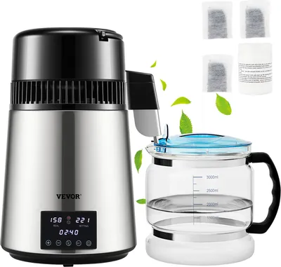 Productafbeelding van Waterdestilleerapparaat met temperatuurregeling, 4 liter, roestvrijstalen destilleerkolf, 1750W. Zuiver water destilleerapparaat met glazen kan van 1,5 liter