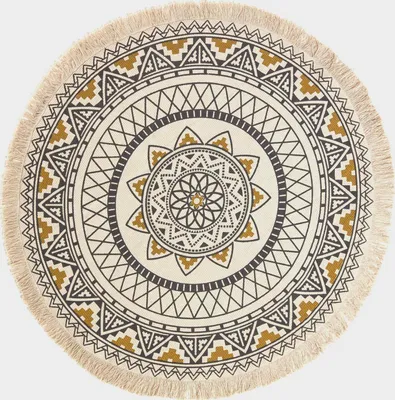 Obrázek produktu pro HOMESCAPES Kulatý boho koberec černobílý a zlatý s třásněmi 145 cm