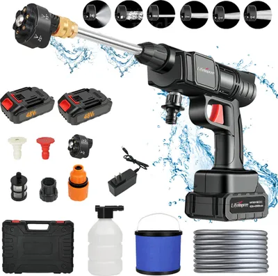 Produktbild von LifeImpree Akku Hochdruckreiniger, Max 35 Bar 435 PSI Mobiler Hochdruckreiniger Mit 2 x 12Ah Akku, Schaumsprüher, 6-in-1 Multifunktionale Düse und 180° Drehbare Düse für Auto