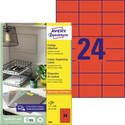 Obrázek produktu pro Avery 3448, Červená, Samolepicí štítek, A4, Papír, Laserová/inkoustová tiskárna, Permanentní