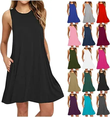 Produktbild von Sommerkleider Damen Leicht und Luftig Strandkleid Kurz Sommer Kleid Elegant Casual Kleider Ärmellos Rundhals Freizeitkleider Alltag Locker Shirtkleid mit Taschen Minikleid Party Tankkleid