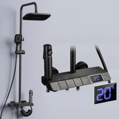 Produktbild von Duschsystem Schwarz,Edelstahl Duschgarnitur mit Duscharmatur Regendusche mit Armatur und 3 Strahlarten Duschkopf 86-120cm Duschsäule Duschset