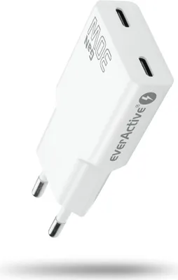 Zdjęcie produktu dla Ładowarka everActive 2 x USB-C Quick Charge 4+ 30 W SUPER SLIM, biała