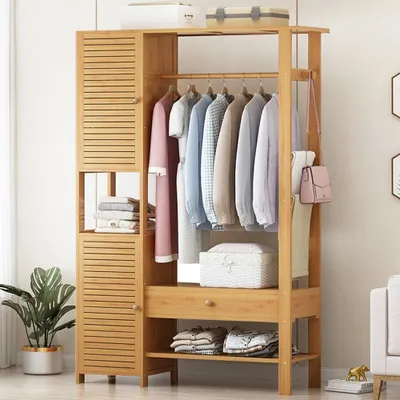 Produktbild von WAOHO Kleiderschrank Garderobenständer Bambus, Mit 2 Schränken,Halboffener Kleiderständer,freistehende Kleiderständer, Natürliche Farbe165X100X30CM