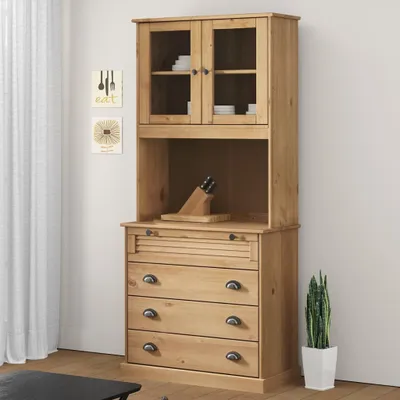 A wooden highboard with glass doors and drawers, set against a white wall with two decorative wall hangings.