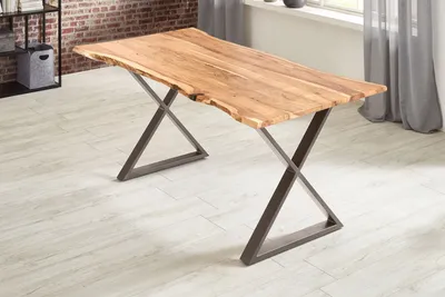 Produktbild von Esstisch Baumkante massiv Akazie natur 180 x 90 X-Gestell edelstahlfarben KASIMIR