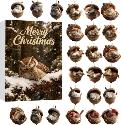 Produktbild von Adventskalender 2025 mit Waldtier-Eichel-Ornamenten, 2D-Acryl-Weihnachtsbaumschmuck-Set mit Tannenzapfen-Tier-Countdown-Dekoration für den Weihnachtsbaum