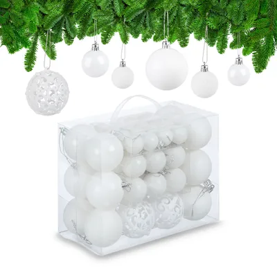 Produktbild von Relaxdays Weihnachtskugeln im 50er Set, glitzernde, matte & glänzende Christbaumkugeln, Kunststoff, ∅ 3, 4 & 6 cm, weiß