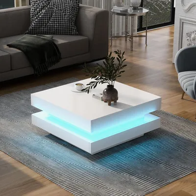 Obrázok produktu pre Biely konferenčný stolík, štvorcový, s LED osvetlením ovládaným cez Bluetooth, v modernom technickom štýle