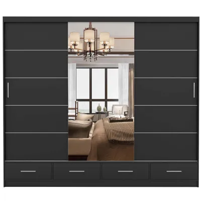 Produktbild von Schwebetürenschrank Kleiderschrank 250 cm Schwarz/Schwarz matt mit Spiegel Florence