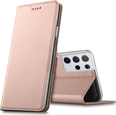A rose gold flip case for a Samsung Galaxy S21 Ultra phone is shown, with the phone partially inserted into the case.