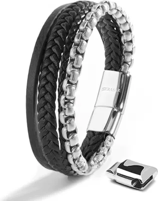 Immagine prodotto di SERASAR | Bracciale in pelle da uomo [Hero] con doppia chiusura in acciaio inossidabile e magnetica | Colore: argento | Lunghezza: 17