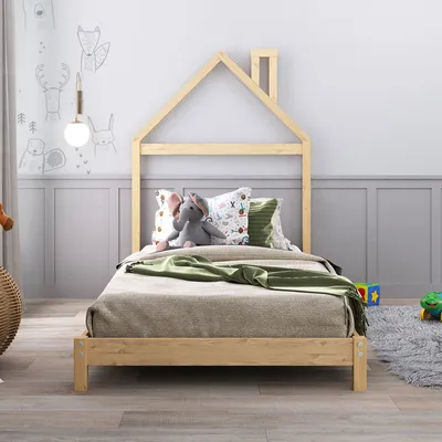 Produktbild von Kinderbett LIZ 90x200 cm in Hausoptik aus Massivholz natur - Bodenbett für einfaches Ein- und Aussteigen, Montessori Kinderzimmer
