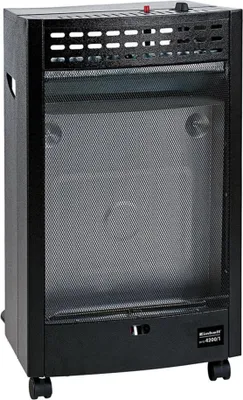 A black gas heater with a mesh front and wheels.