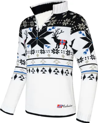 A white and black knitted sweater with a Norwegian-inspired pattern, featuring reindeer and snowflakes. The sweater has a high collar with a zipper and a small logo on the bottom right.