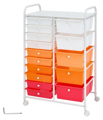 Immagine prodotto di Carrello portautensili SucceBuy con 15 cassetti, a doppia fila, dimensioni 630x385x965 mm, finitura sfumata rossa, struttura in metallo, piano di appoggio, maniglie, ruote con 2 freni. Carrello di stoccaggio mobile per ufficio, officina e laboratorio
