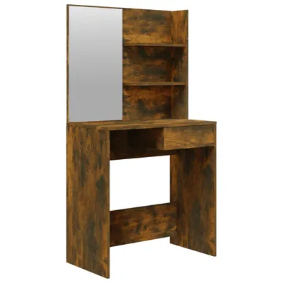 A vanity table with a mirror and shelves, presented against a white background.