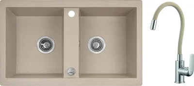 Produktbild von BADLAND Elza Set Spülbecken Granitspüle Doppelbecken Beige Armatur Spültischarmatur Siphon
