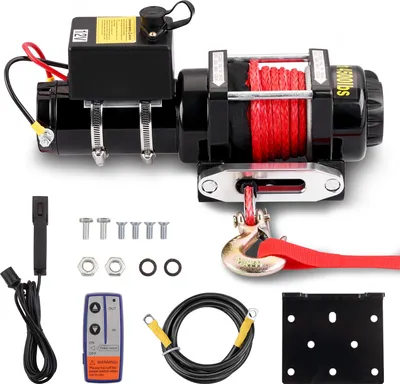 Image de Treuil électrique TEENO 12 V, 4 500 lb / 2 041 kg, câble synthétique 5,5 mm x 10 m, télécommande sans fil, treuil à câble en nylon avec contrôleur filaire