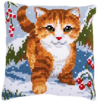Produktbild von Vervaco Kreuzstichkissen "Katze im Schnee", Bild vorgezeichnet
