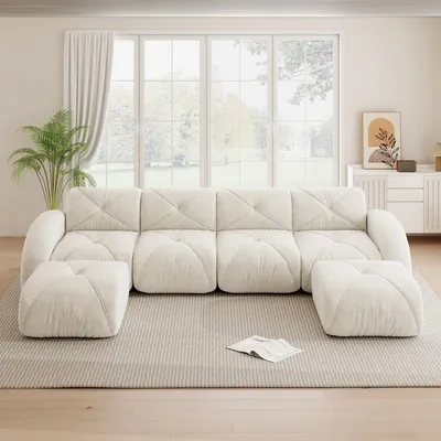 Produktbild von MODFU 4-Sitzer Modulares Sofa mit Rahmenloses Design und 2 Hocker,U-förmiges Big Sofa mit Schlaffunktion,32D-Schaum,Rutschfest,Schlafsofa,Chenille,Weiß