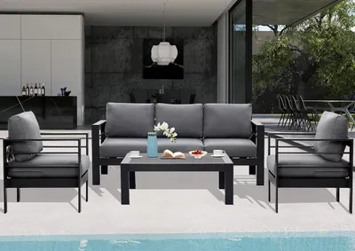 Produktbild von MeXo Gartenmöbelset, Loungeset Aluminium für 4-5 Personen mit Kissen und Couchtisch Indoor Outdoor Balkon schwarz (Sitzgruppe, Aluminiumrahmen)