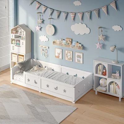 Zdjęcie produktu dla Łóżko dziecięce 90 x 200 cm z barierkami ochronnymi i stelażem z listew - lite drewno sosnowe - białe