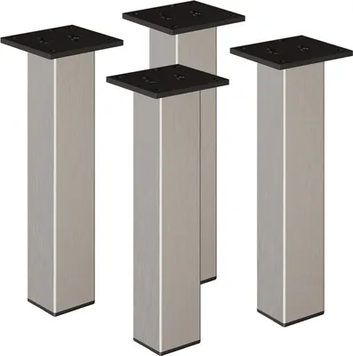 Four silver-colored furniture legs with black tops are arranged on a white background.
