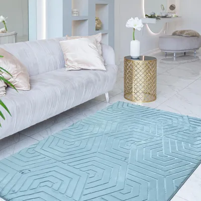 Produktbild von Teppich - 200x300 cm - Blau - Geometrisches Muster - 3D-Effekt - Rutschfest - Waschbar - Allergikerfreundlich - Weicher Teppich