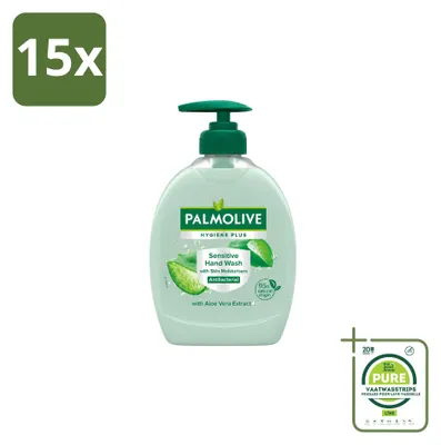 Obrázek produktu pro 15 kusů tekutého mýdla Palmolive Hygiene Plus Sensitive pro citlivou pokožku, s obsahem aloe vera, objem 300 ml – velkopack