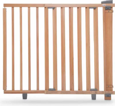 A wooden baby gate is shown against a white background.